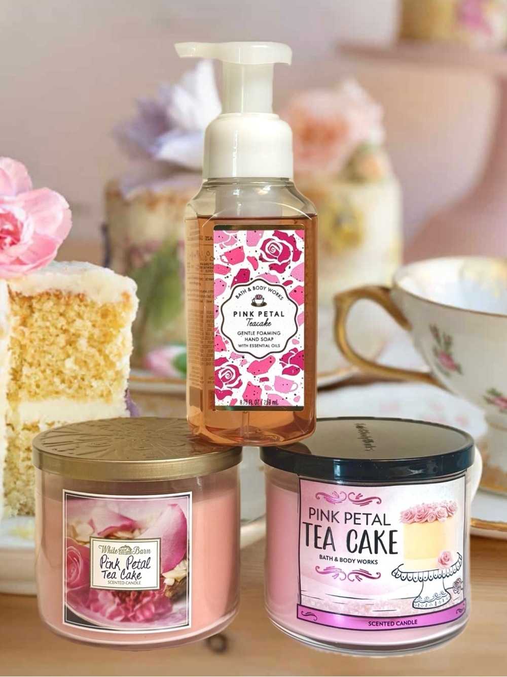 2X PINK PETAL TEA-CAKE 3-wick CANDLE & Gentle Foaming SOAP Bath & Body Works SET